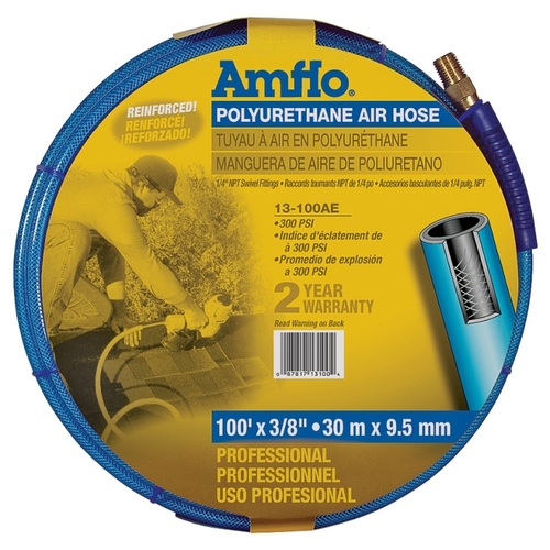 Amflo 13-100AE Air Hose, 3/8 in OD, 100 ft L, MNPT, 300 psi Pressure, Polyurethane, Blue