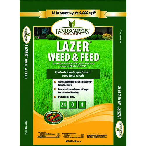 LAZER Weed and Feed Fertilizer, 16 lb Bag, Granular, 24-0-4 N-P-K Ratio