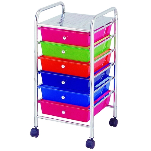 Storage Cart, 13 in OAW, 26 in OAH, 15-3/8 in OAL, 6-Shelf, Blue/Green/Orange/Pink Shelf