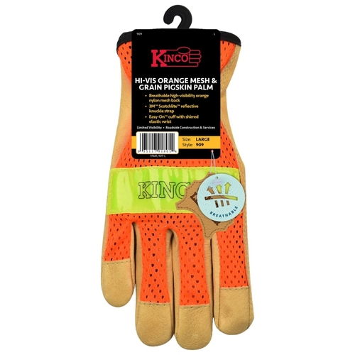 Kinco 909-L Reflective Gloves, Men's, L, Keystone Thumb, Easy-On Cuff, Nylon Back, Gold/Hi-Vis Orange