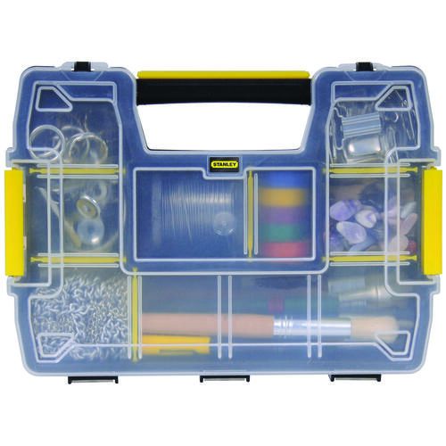 Stanley STST14021 Tool Storage Organizer, 8-1/2 in W, 2.9 in H, 10-Drawer, Plastic, Black/Clear Yellow