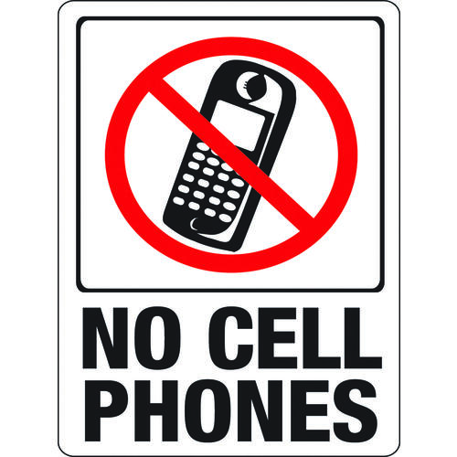 Identification Sign, Rectangular, NO CELL PHONES, Black/Red Legend, White Background, Plastic