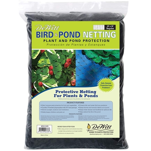Bird and Pond Netting, 14 ft L, 14 ft W, Polypropylene, Black