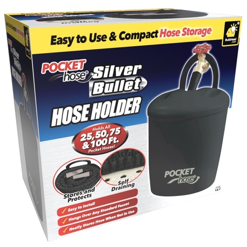 Pocket Hose 15960-6 Silver Bullet Hose Holder with Drain Holes, Plastic, Black, Smooth