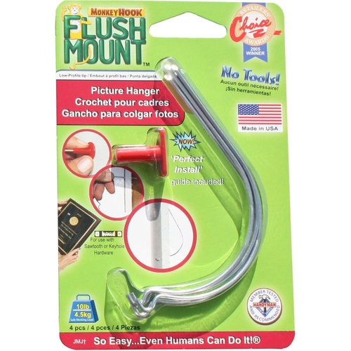 Monkey Hook TMH-444 Flush Mount Picture Hanger, 10 lb, Spring Steel, Galvanized, Silver, Flush Mounting - pack of 4