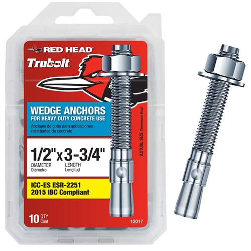 Red Head 12017 Concrete Wedge Anchor, 1/2 in Dia, 3-3/4 in L, Steel, Zinc - pack of 10