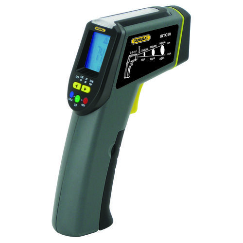 Infrared Thermometer with Tricolor Light Panel, -40 to 428 deg F, 0.1 deg Resolution, LCD Display Gray