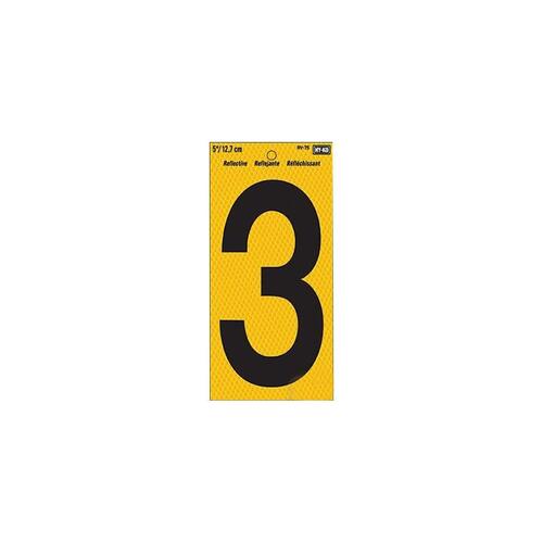 Hy-Ko RV-75/3 Reflective Sign, Character: 3, 5 in H Character, Black Character, Yellow Background, Vinyl