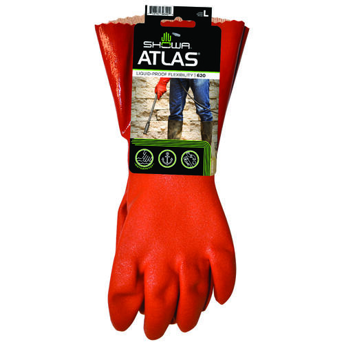 Atlas 620L-09.RT Coated Gloves, L, 12 in L, Gauntlet Cuff, PVC Glove, Orange