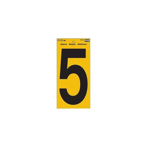 Hy-Ko RV-75/5 Reflective Sign, Character: 5, 5 in H Character, Black Character, Yellow Background, Vinyl