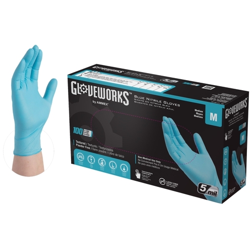 Gloveworks INPF44100 Non-Sterile Disposable Gloves, M, Nitrile, Powder-Free, Blue, 9-1/2 in L - pack of 100