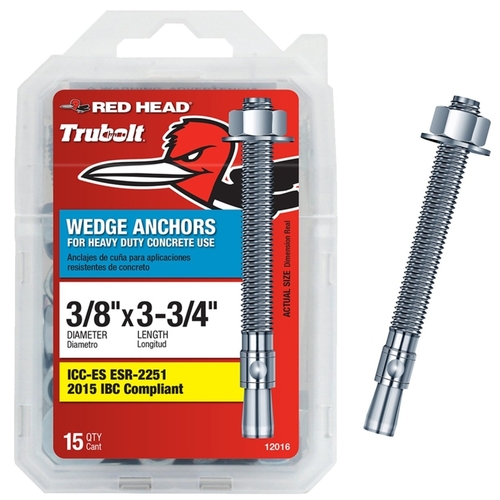 Red Head 12016 Concrete Wedge Anchor, 3/8 in Dia, 3-3/4 in L, Steel, Zinc - pack of 15
