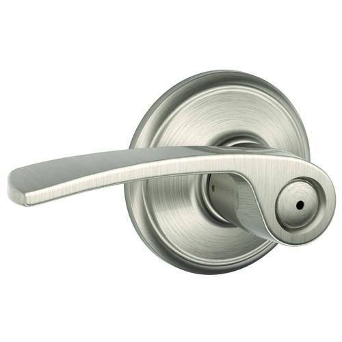 Privacy Door Lock, Pushbutton Lock, Lever Handle, Metal, Satin Nickel, 1-3/8 to 1-3/4 in Thick Door