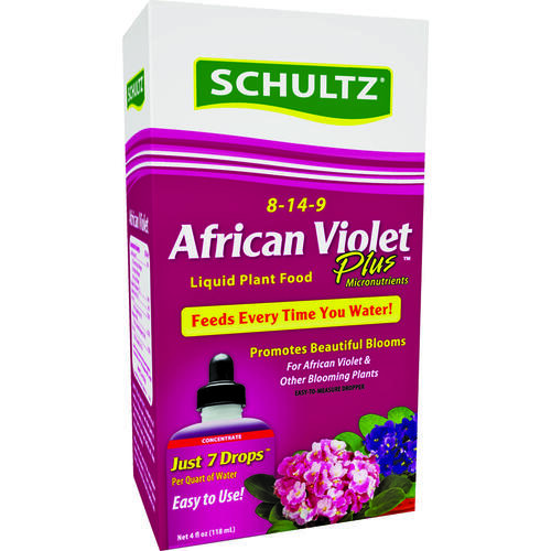 Schultz SPF44900 African Violet Plus Plant Food, 4 oz Bottle, Liquid, 8-14-9 N-P-K Ratio