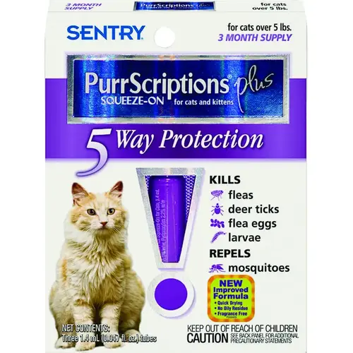 SENTRY 01981 PurrScriptions Plus Flea and Tick Squeeze-On, Liquid, Mild Acetate, 3 Count Clear/Light Yellow