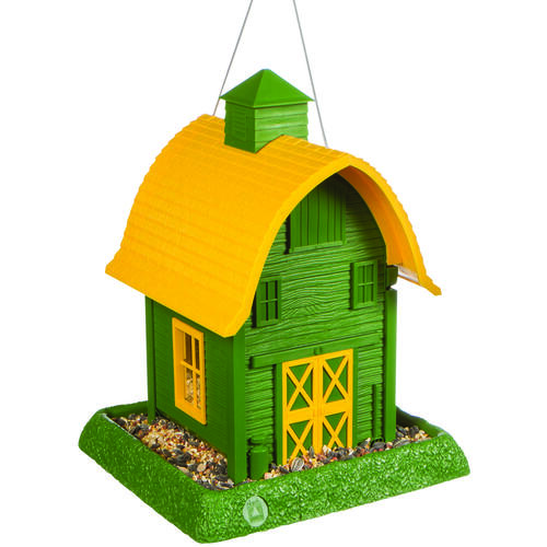 Hopper Bird Feeder, Barn, 5 lb, Plastic, Green/Yellow, 13-1/4 in H, Hanging/Pole Mounting