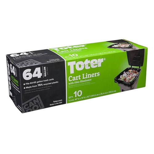 Toter GB064-R1000 GB064-R8000 Trash Cart Liner, 64 gal Capacity, Plastic, Black - pack of 10