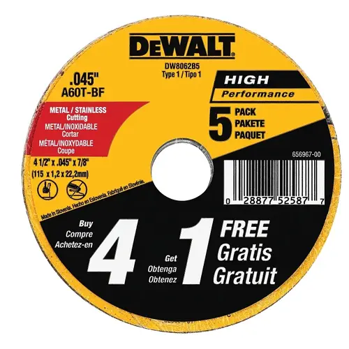 Cutting Wheel, 4-1/2 in Dia, 0.045 in Thick, 7/8 in Arbor, 60 Grit, Aluminum Oxide Abrasive - pack of 5