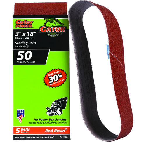 7034 Sanding Belt, 3 in W, 18 in L, 50 Grit, Coarse, Aluminum Oxide Abrasive - pack of 5