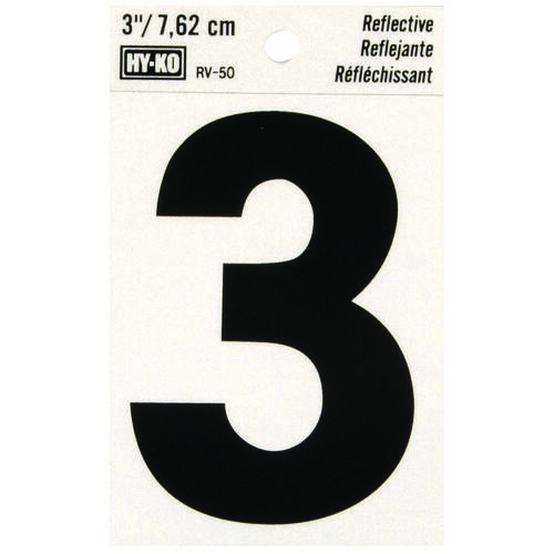 Hy-Ko RV-50/3-XCP10 Reflective Sign, Character: 3, 3 in H Character, Black Character, Silver Background, Vinyl - pack of 10