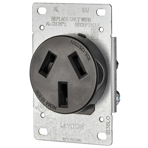 Leviton R30-05206-S10 R20-05206-S10 Electrical Receptacle, 3 -Pole, 125/250 V, 50 A, NEMA: NEMA 10-50R, Black