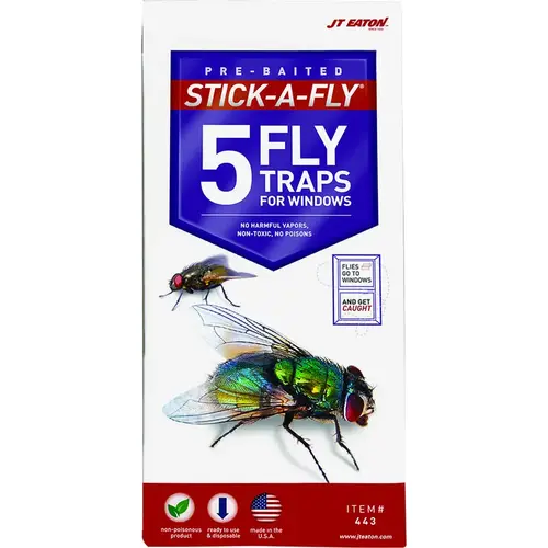 JT Eaton 443 Stick-A-Fly Fly Trap, Solid, Petrol, 5 Pack Clear/Pale Yellow - pack of 5