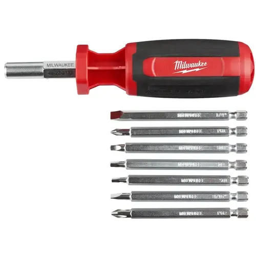 Multi-Bit Driver, 1/4 in Drive, Square Drive, 9.06 in OAL, Plastic Handle, Barrel-Grip Handle Red