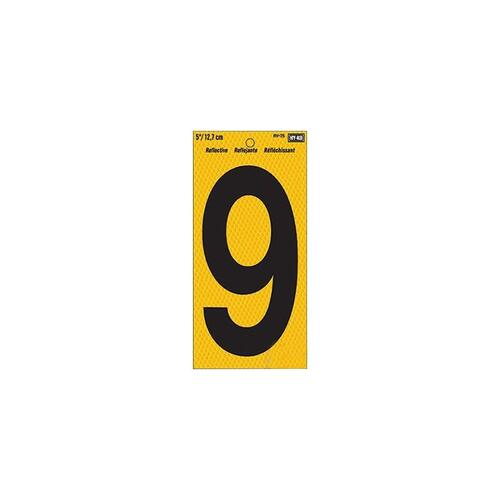 Reflective Sign, Character: 9, 5 in H Character, Black Character, Yellow Background, Vinyl - pack of 10