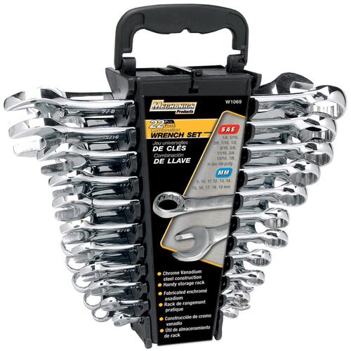 Wrench Set with Rack, 22-Piece, Steel, Polished Chrome, Specifications: SAE, Metric Measurement
