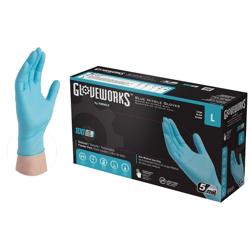 Gloveworks INPF46100 Non-Sterile Disposable Gloves, L, Nitrile, Powder-Free, Blue, 9-1/2 in L - pack of 100