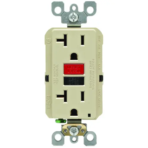 GFCI Duplex Receptacle, 2 -Pole, 20 A, 125 V, Back, Side Wiring, NEMA: 5-20R, Ivory