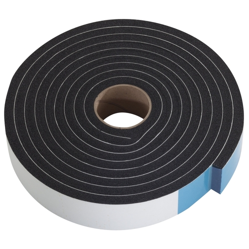 Weatherstrip Tape, 1-1/4 in W, 3/8 in Thick, 10 ft L, Sponge Rubber, Black