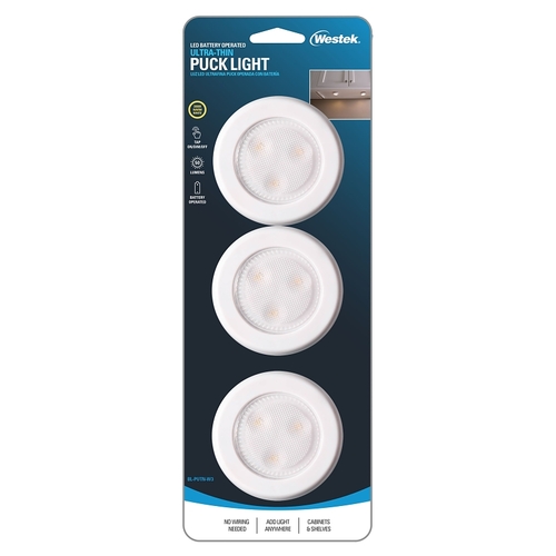 Westek BL-PUTN-W3 Compact Ultra-Thin Puck Light, 12 V, AAA Battery, 1-Lamp, LED Lamp, 50 Lumens, White - pack of 3