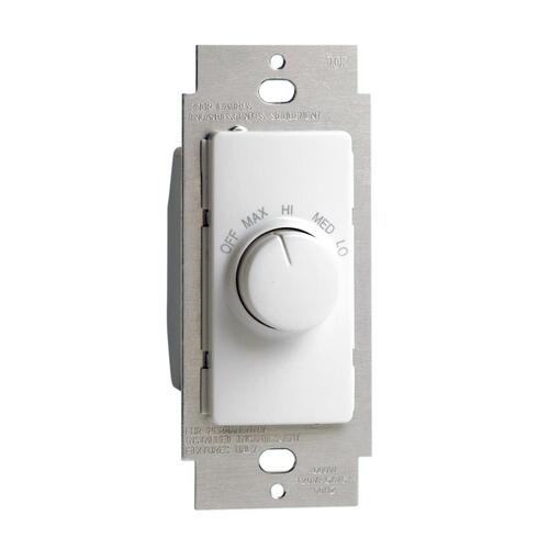 Fan Control Switch, 1.5 A, 120 V, Rotary Actuator, Plastic, White