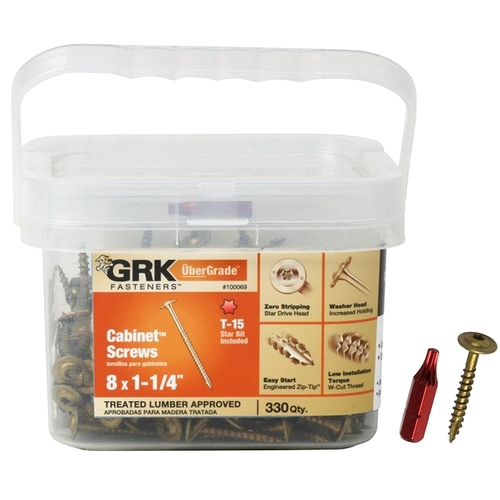 GRK Fasteners 100069 Cabinet Screw, #8 Thread, 1-1/4 in L, Washer Head, Star Drive, Steel, 330 PK - pack of 330