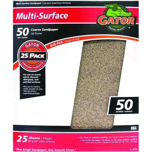 Sanding Sheet, 11 in L, 9 in W, 50 Grit, Coarse, Aluminum Oxide Abrasive - pack of 25