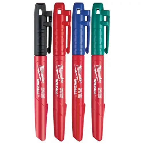 Marker Set, 1 mm Tip, Black/Blue/Green/Red, 5-1/2 in L