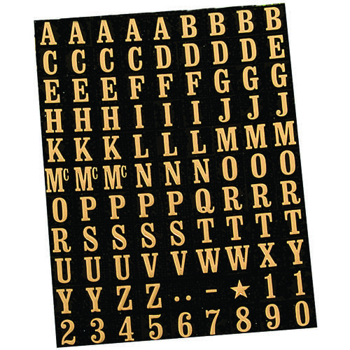 Packaged Number and Letter Set, 5/16 in H Character, Gold Character, Black Background, Mylar - pack of 10