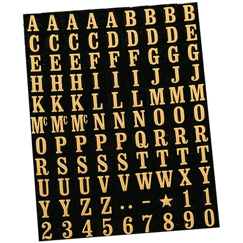 Packaged Number and Letter Set, 5/16 in H Character, Gold Character, Black Background, Mylar