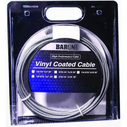 Aircraft Cable, 3/16 to 1/4 in Dia, 50 ft L, 740 lb Working Load, Galvanized Steel Vinyl Coated