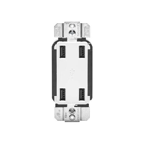 USB Charger, 4 -Pole, 4.2 A, 125 V, 4 -USB Port, Type A USB, White