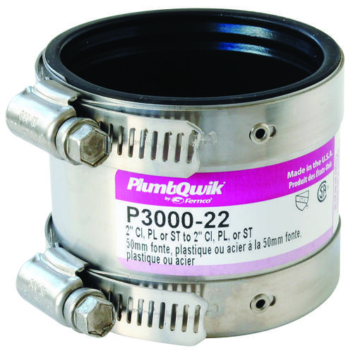 Fernco 3000-22 Proflex 3000 Series Shielded Pipe Coupling, 2 in, Stainless Steel Body, Black, 4.3 psi Pressure
