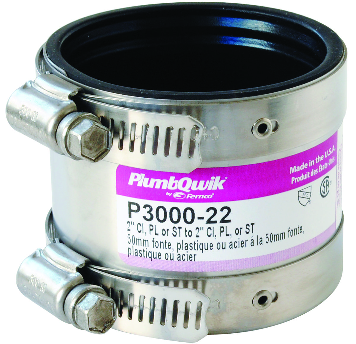 Fernco 3000-22 Proflex 3000 Series Shielded Pipe Coupling, 2 in, Stainless Steel Body, Black, 4.3 psi Pressure