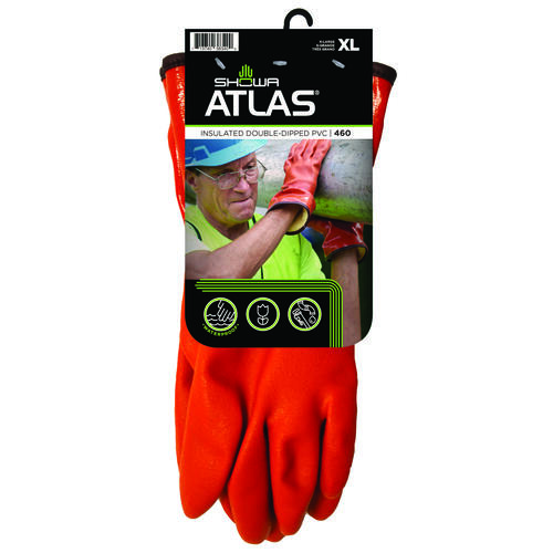 Atlas 460XL-10.RT Insulated Coated Gloves, XL, 11-13/16 in L, Gauntlet Cuff, PVC Glove, Orange