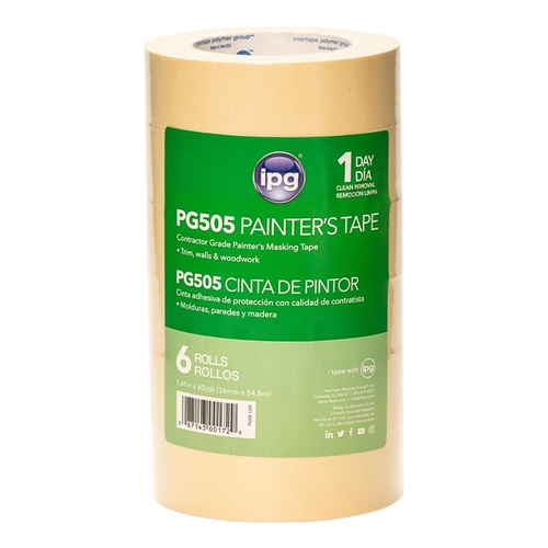 IPG PG505.122R Masking Tape, 60 yd L, 1.41 in W, Paper Backing, Beige - pack of 6