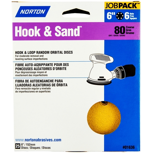 Hook & Sand Vacuum Disc, 6 in Dia, P80 Grit, Coarse, Aluminum Oxide Abrasive, Paper Backing - pack of 25