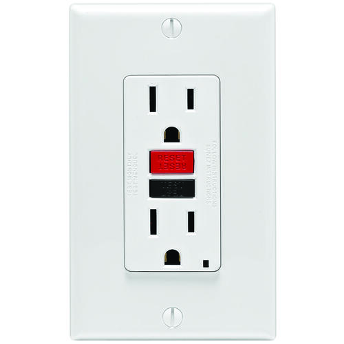 GFCI Duplex Receptacle, 2 -Pole, 15 A, 125 V, Back, Side Wiring, NEMA: 5-15R, White