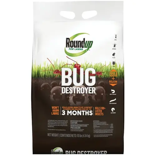 Roundup 4385404 Lawns Bug Destroyer, Granular, Spreader Application, Gardens, Home Foundations, Landscapes, Lawns Bag Dark Brown/Tan