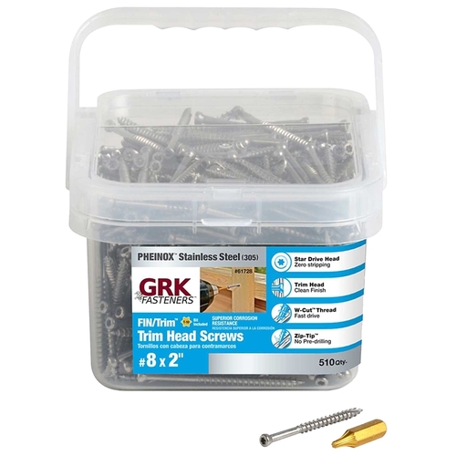 GRK Fasteners 61728 Finishing Screw, #8 Thread, 2 in L, W-Cut Thread, Trim Head, Star Drive, 305 Stainless Steel, 510 PK - pack of 510