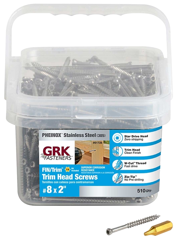 GRK Fasteners 61728 Finishing Screw, #8 Thread, 2 in L, W-Cut Thread, Trim Head, Star Drive, 305 Stainless Steel, 510 PK Silver - pack of 510